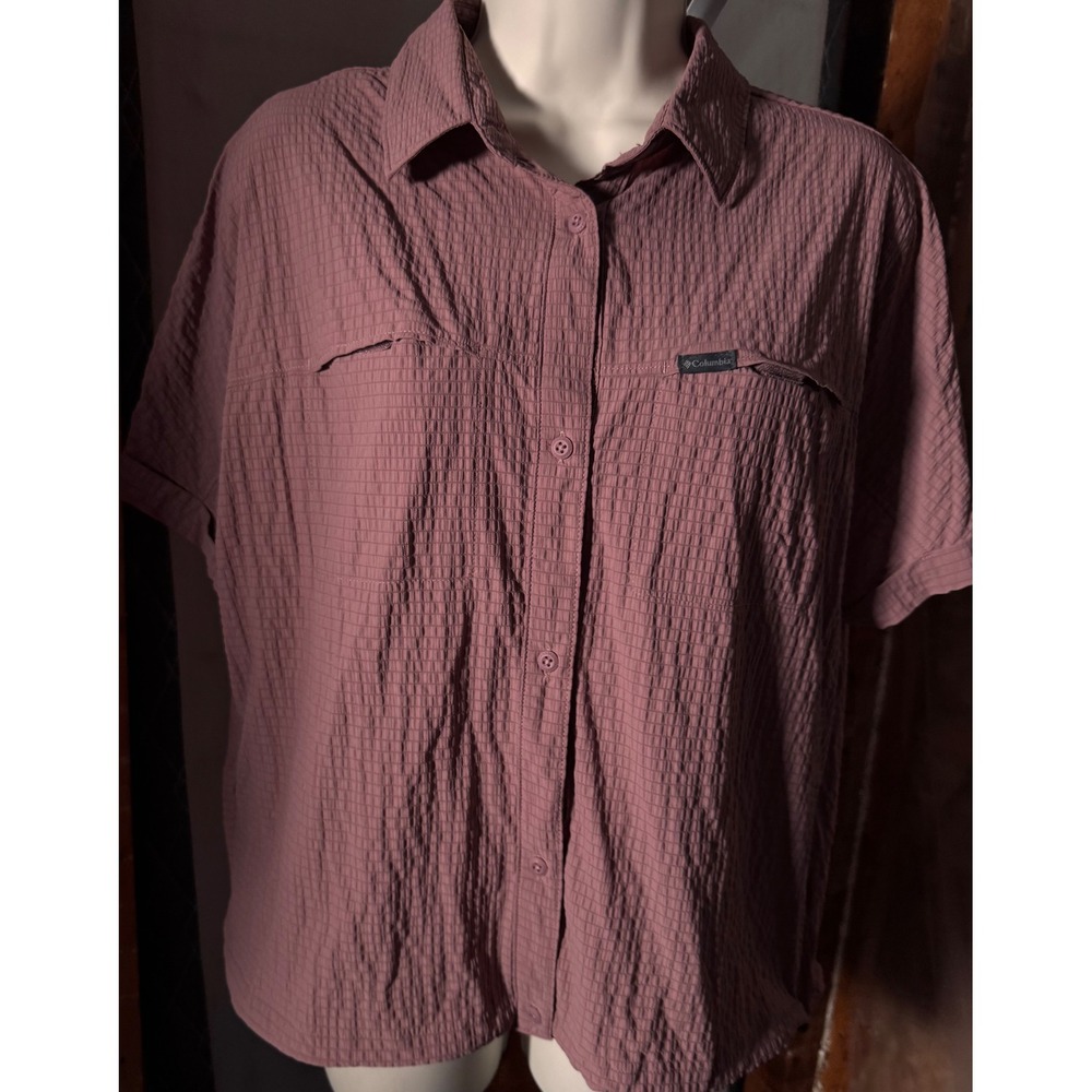 Columbia PFG Womens Short Sleeve Button Down Shirt Mauve Pink Textured Size M